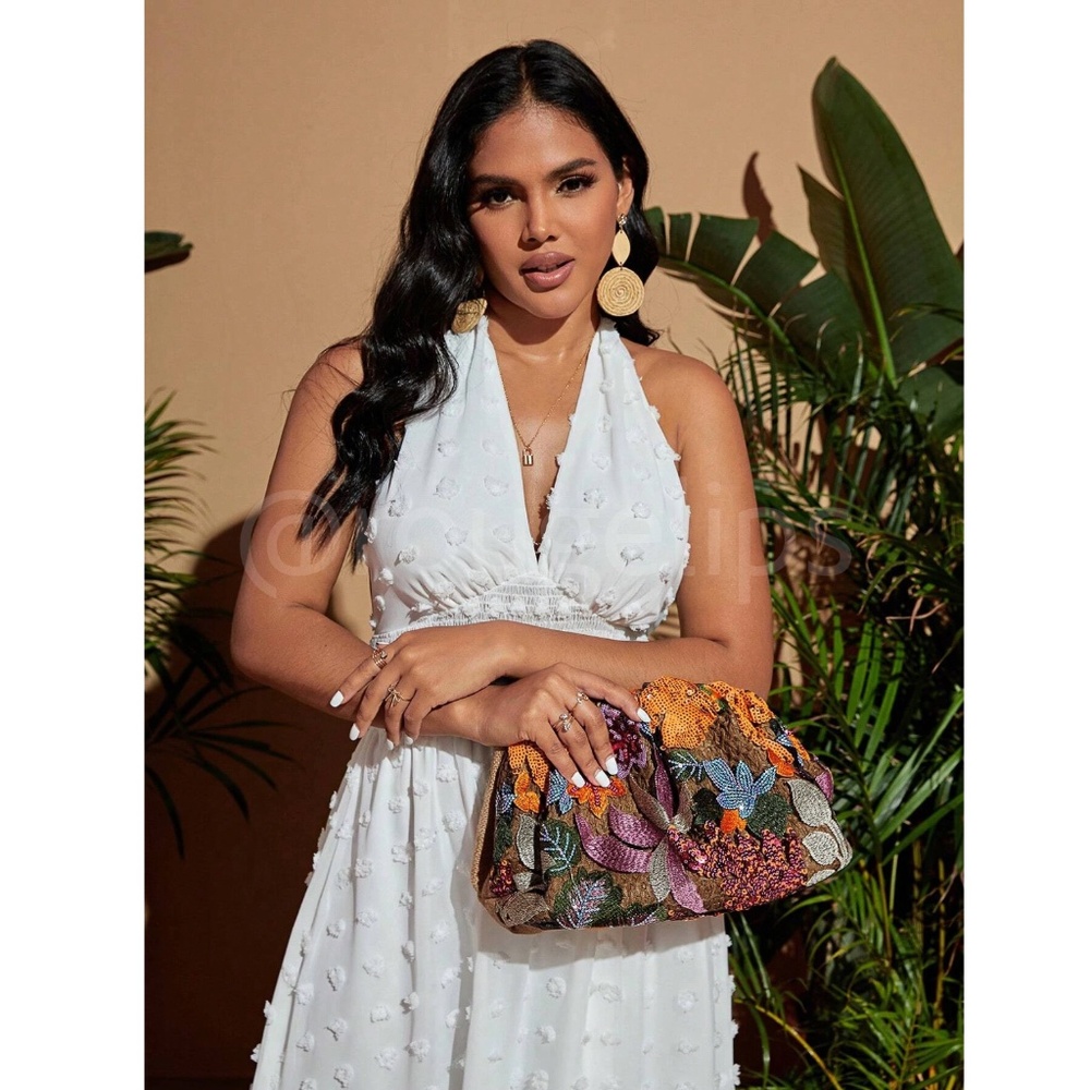 Sequined Floral Pattern Pouch Clutch Bag Multicolor - Picture 6 of 11